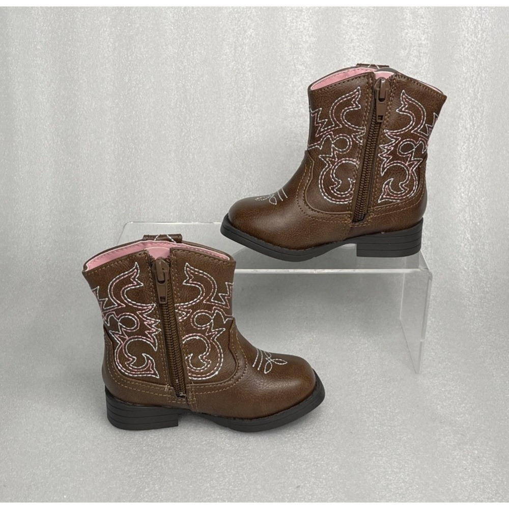 Wonder Nation Brown Zip up Square Toe Cowboy Cowgirl Boots Toddler Girls Size 5 - Picture 4 of 16